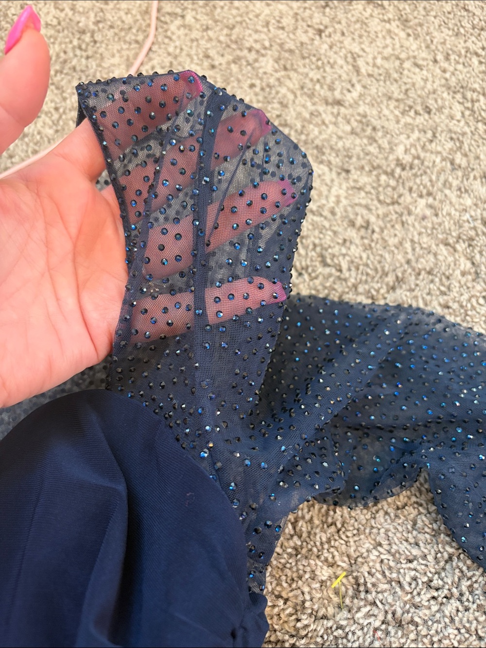 La Femme Navy Rhinestone Mesh Sleeve Sweetheart Formal Gown Size 4 - Picture 5 of 7